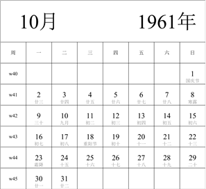 日历表1961年